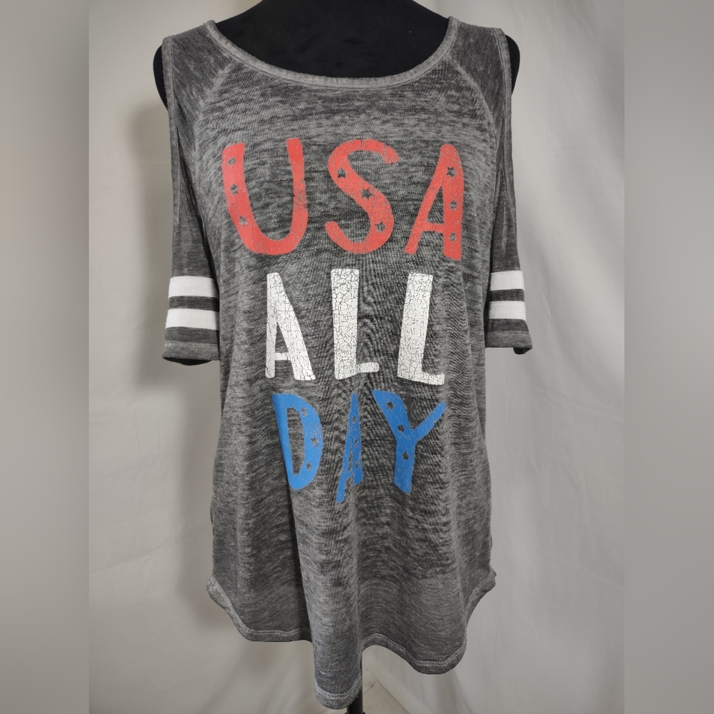 MODERN LUX Women's Grey Distressed "USA ALL DAY" Cold Shoulder Shirt Size Small